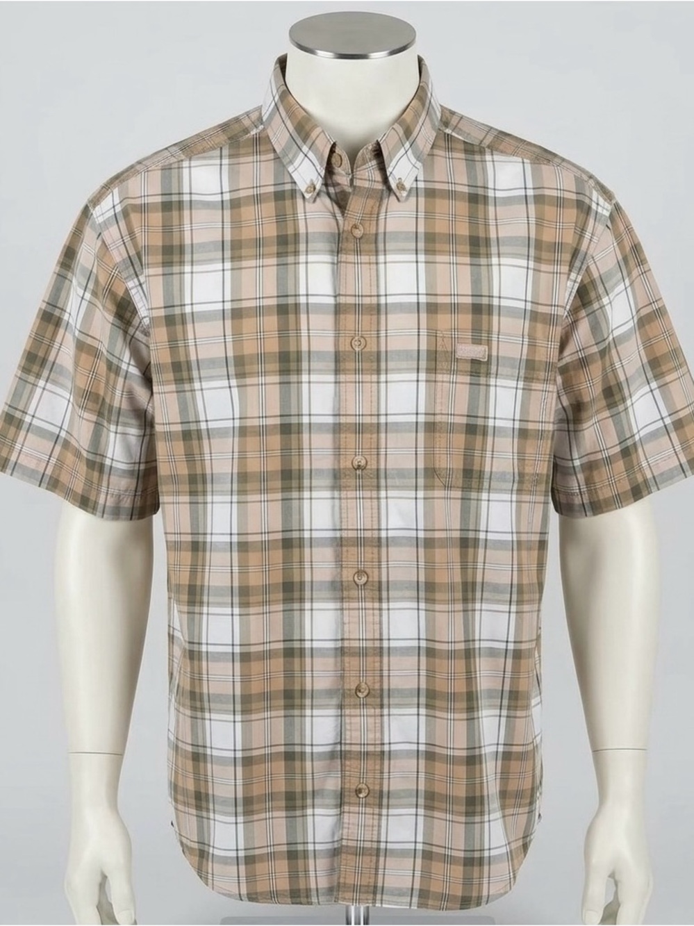 Carhartt Plaid Shirt Men’s L Short Sleeve Button Down Beige Olive Workwear